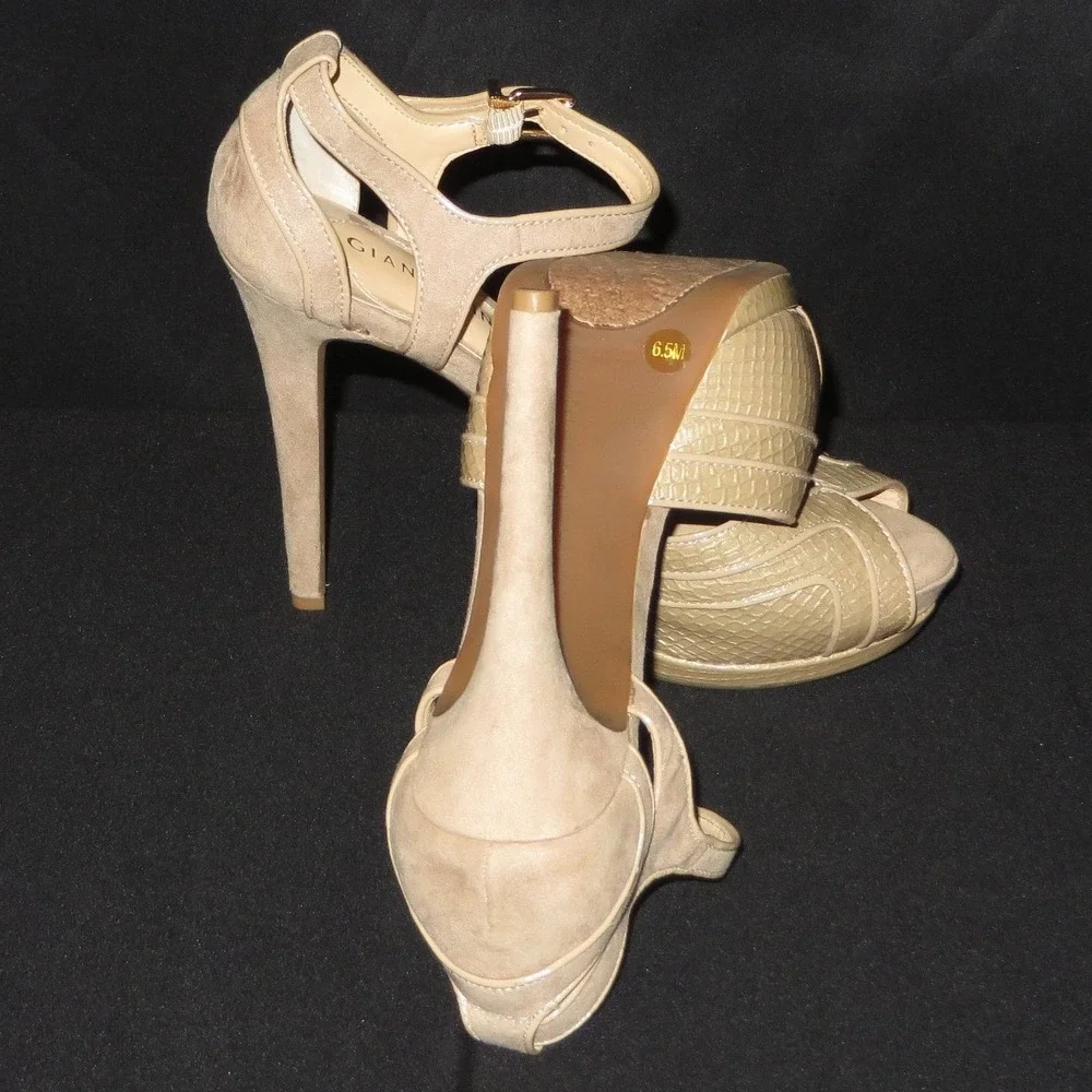 Gianni Bini Tan Suede Snakeskin Embossed Platform Stiletto Sandals Gold 6.5M - Picture 10 of 10